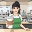Starbucks barista serving coffee.