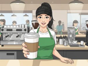 Starbucks barista serving coffee.