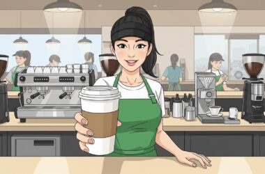 Starbucks barista serving coffee.