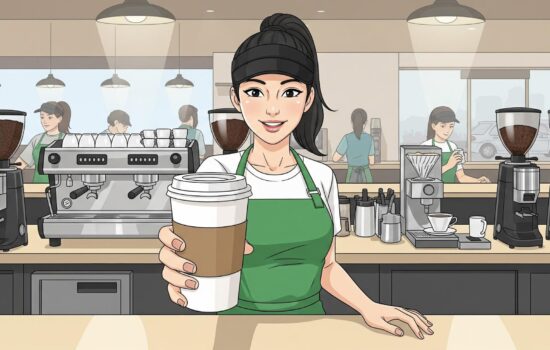 Starbucks barista serving coffee.