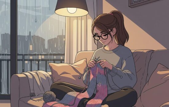 woman knitting indoors on rainy day
