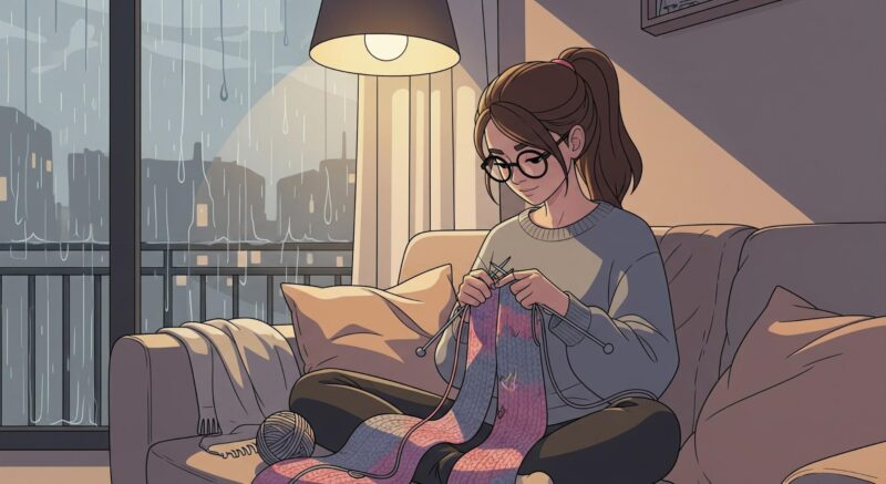 woman knitting indoors on rainy day