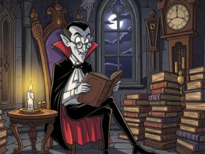 vampire reading books in gothic library