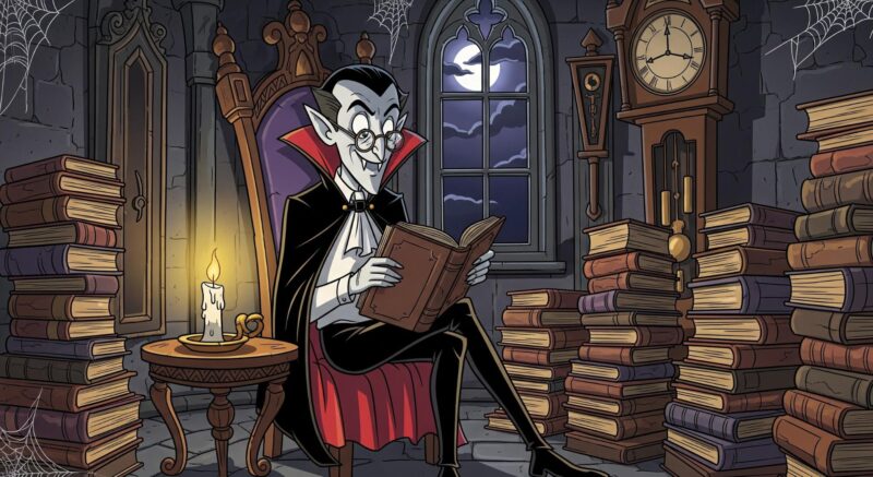 vampire reading books in gothic library