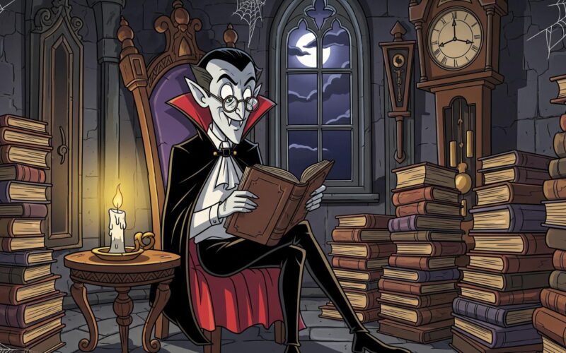 vampire reading books in gothic library