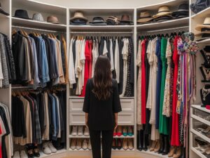 woman choosing outfit in walk-in closet