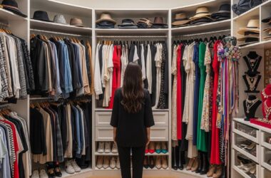 woman choosing outfit in walk-in closet