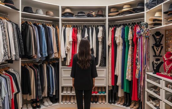 woman choosing outfit in walk-in closet
