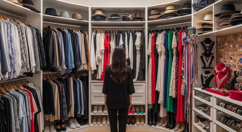 woman choosing outfit in walk-in closet