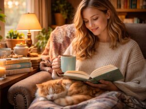 Stack of cozy fiction in 2026 books on a soft reading nook chair