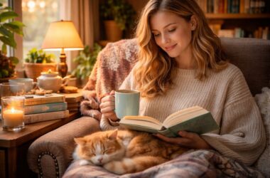 Stack of cozy fiction in 2026 books on a soft reading nook chair