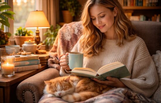 Stack of cozy fiction in 2026 books on a soft reading nook chair