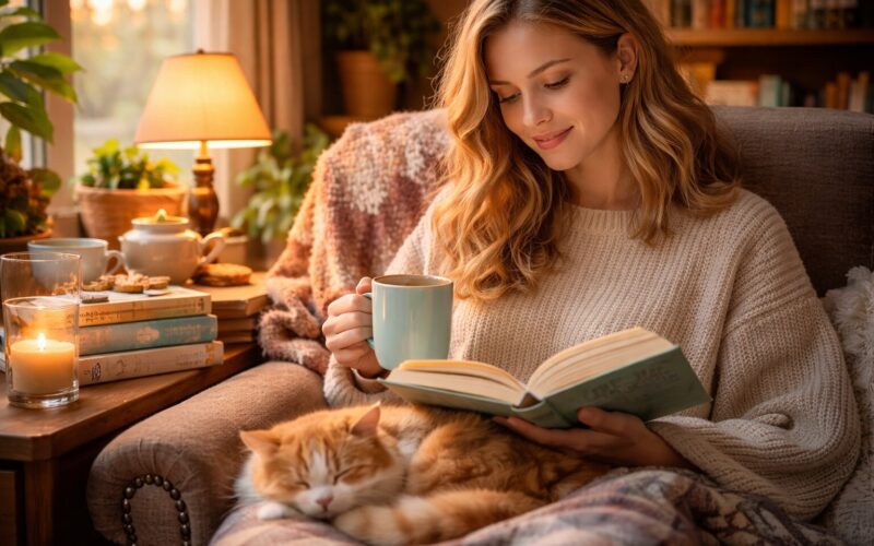 Stack of cozy fiction in 2026 books on a soft reading nook chair