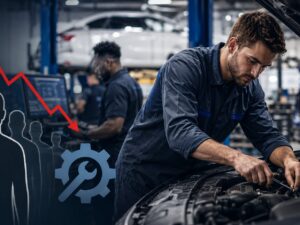 automotive technician working on complex vehicle as dealerships face growing skilled worker shortage
