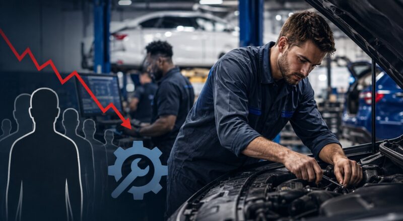 automotive technician working on complex vehicle as dealerships face growing skilled worker shortage