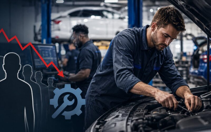 automotive technician working on complex vehicle as dealerships face growing skilled worker shortage