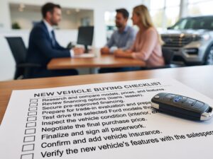 car buying checklist for Washington shoppers reviewing vehicle options at local dealership